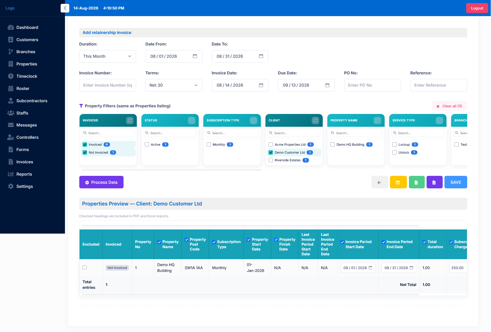 Retainership Invoicing screen