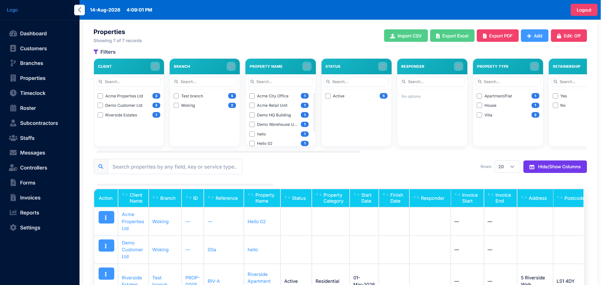 Properties & Key Register screen