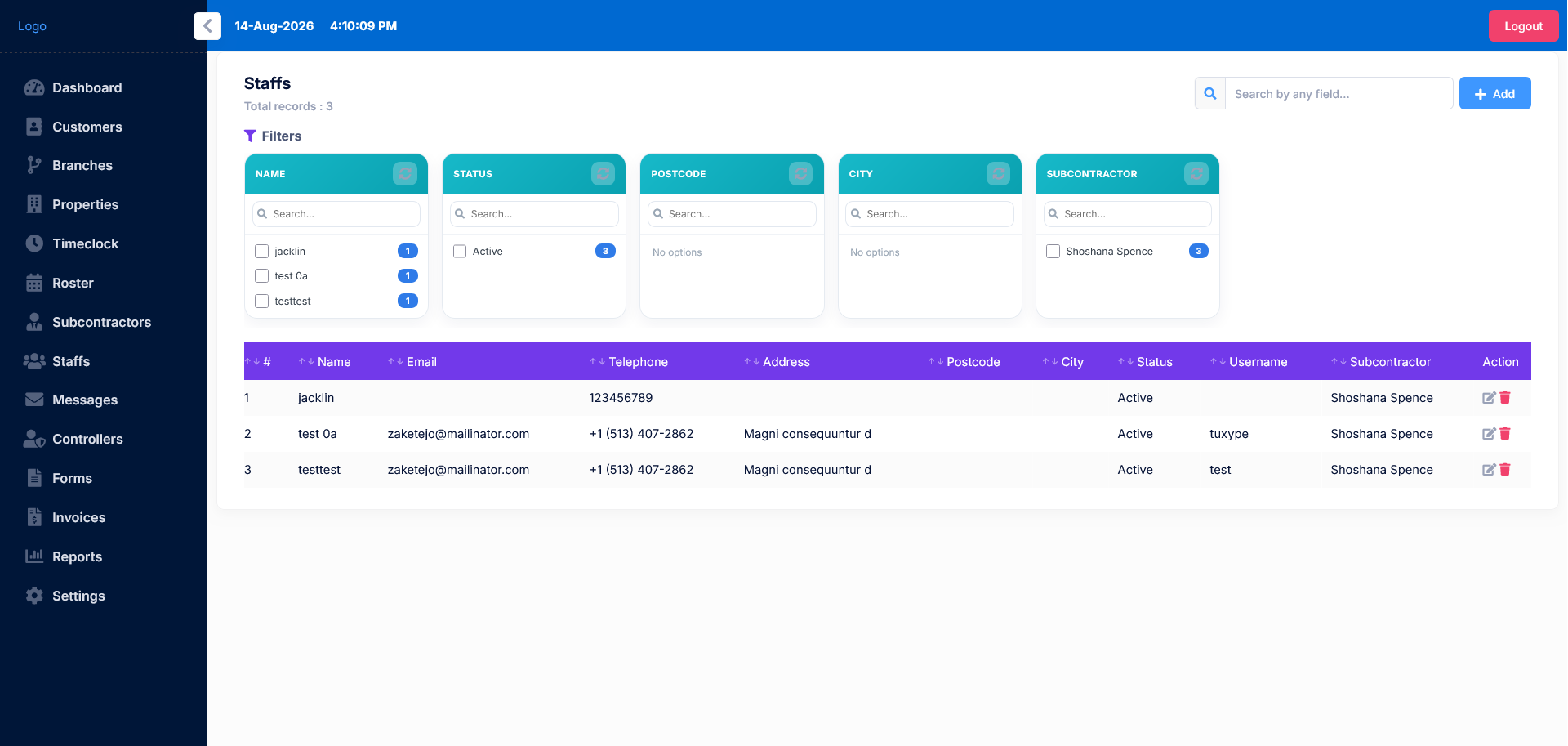 Staff & Subcontractors screen