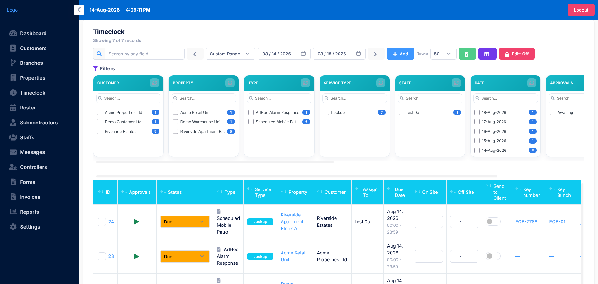 Timeclock & Activity Log screen